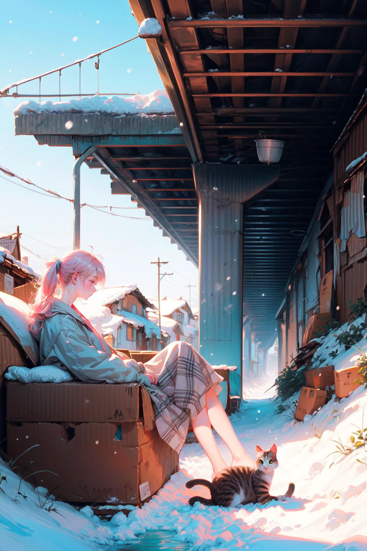 ((relaxing posture, sad smile, look at sky, wide view)),
BREAK 1woman, ((young woman)), adorable, clear face, solo, (((full body))):1.33, (milky skin, curvy body, slender body, idol vibe), (long pony hairs, multicolor blonde pink hairs):1.2,
BREAK soft light, light on face, cinematic lighting, detailed(shadow),
BREAK <lora:add_detail:0.45>, extremely detailed, CG, finely detailed, (masterpiece, best quality):2.0, ((photorealistic:1.15)),
BREAK <lora:uber_saggy2:0.68>, saggy, sagging_breasts, ((large breasts)), <lora:Front face lighting åé¢ã©ã¤ãã¢ãã v2:0.5>,
((outdoors, (((shack under bridge)), ((deep shadow)), ((sitting on sofa)), over size clothes, messy hair, knee up, empty eyes, no pupil, poor, tired, dirty, tent, weed, cushion, blanket, fog, haze, city, tree, rock, ruin, gravel, stream, riverside, steep slope, corrugated box, animal, ((stray cat)),), snow, snow dust)):1.1, <lora:50 pics - shack under bridge v1:0.75>, (river),