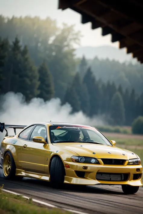 cardrifting, a gold car drifting, burn, smoke, rim lighting , lush wetlands <lora:cardrifting2:1>