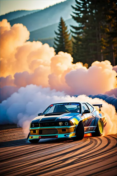 cardrifting, car, drfit, burn, (smoke:1.5), river valley , rim lighting <lora:cardrifting2:1>