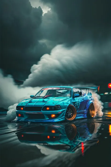 car drifting, cardrifting, street, night, heavy rain, raindrops, sky,reflection, smoke, tiresmoke, wide shoot, blurry background, depth of field, cinematic,<lora:style\physics\cardrifting2.safetensors:1.2:1.2>