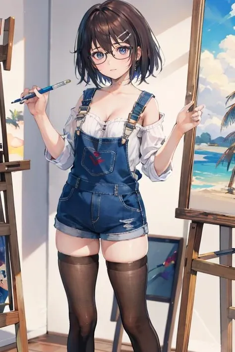 <lora:doa_tsukushi:0.7> tsukushi, easel, 1girl, painter, overalls, thighhighs, glasses