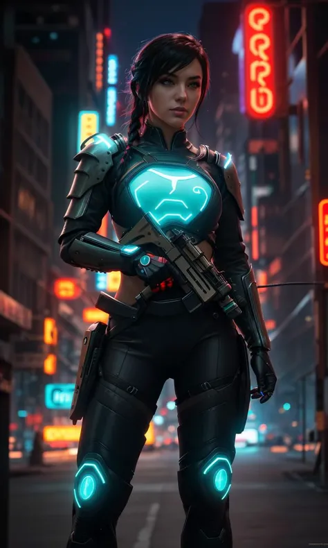 azedra2024, 1 girl, uhd, 8k, best quality, masterpiece,skin pores, detailed skin, cinematic lighting, depth of field, photorealistic, single braid, full body,  techno ninja suit, armor, cyberpunk city, neon sign, glowing accents. genji armor, action pose