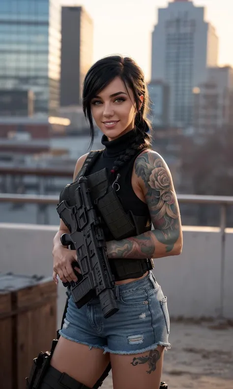 azedra2024, 1 girl, uhd, 8k, best quality, masterpiece, smile, skin pores, detailed skin, sleeveless turtleneck, cinematic lighting, depth of field, city, tattoo, photorealistic, bulletproof vest, single braid, bunker, full body, jean shorts, tactical boots