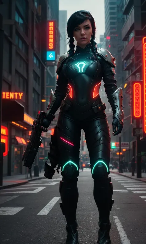 azedra2024, 1 girl, uhd, 8k, best quality, masterpiece,skin pores, detailed skin, cinematic lighting, depth of field, photorealistic, single braid, full body, techno ninja suit, armor, cyberpunk city, neon sign, glowing accents. genji armor, action pose