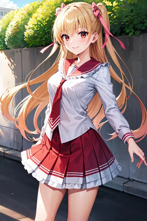 masterpiece, best quality, highres, aariko, long hair, blonde hair, two side up, hair ribbon, pink ribbon, school uniform, frills, serafuku, sailor collar, necktie, white shirt, long sleeves, red skirt, <lora:mine_riko_v1:0.7>, standing, cowboy shot, outdoors, smile