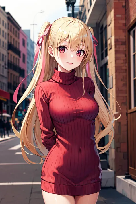 masterpiece, best quality, highres, aariko, long hair, blonde hair, two side up, hair ribbon, pink ribbon, <lora:mine_riko_v1:0.7>, ribbed sweater, sweater dress, turtleneck, street, cowboy shot, smile, arms behind back,