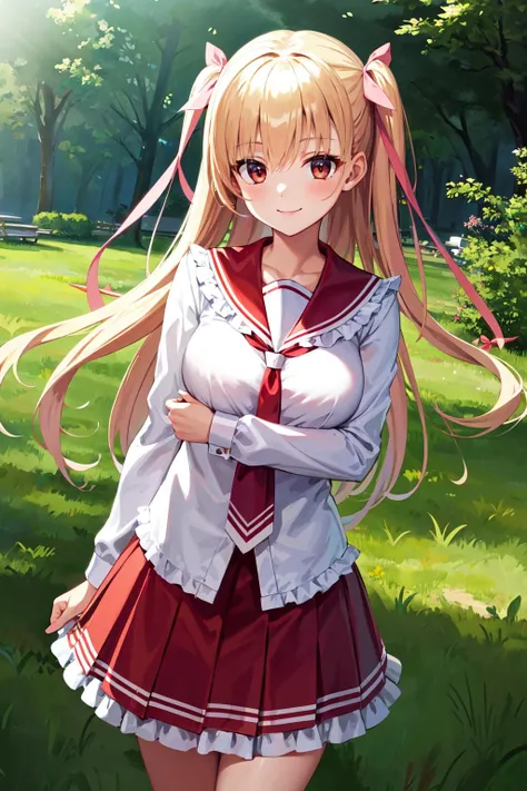 masterpiece, best quality, highres, aariko, long hair, blonde hair, two side up, hair ribbon, pink ribbon, school uniform, frills, serafuku, sailor collar, necktie, white shirt, long sleeves, red skirt, <lora:mine_riko_v1:0.7>, standing, cowboy shot, outdoors, smile
