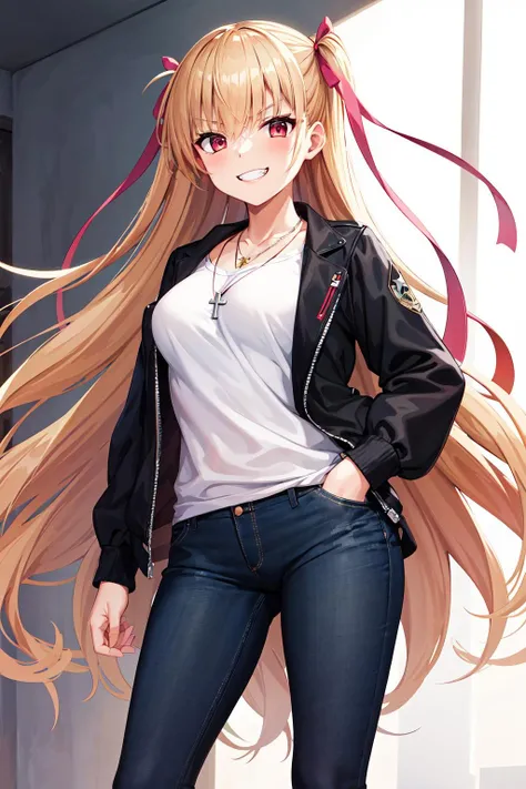 masterpiece, best quality, highres, aariko, long hair, blonde hair, two side up, hair ribbon, pink ribbon, <lora:mine_riko_v1:0.7>, necklace, black jacket, white shirt, hand in pocket, evil grin, jeans,