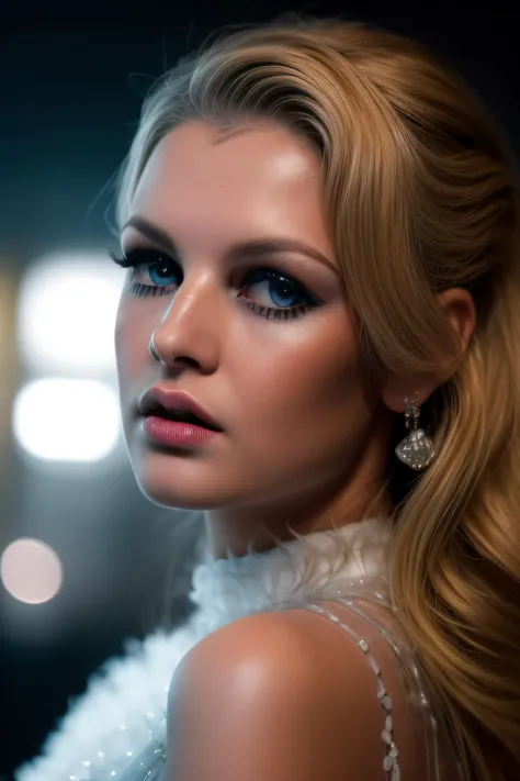 full body shot, (((ultra realistic))) Photo, masterpiece, top quality, (pale skin), (Ultra detailed face and eyes:1.1), 1 girl, Adult, deep neckline, (Eye makeup, mascara) , ((large detailed lips)), ((blonde wavy hair)), ((Chyolka)) , ((Natural breasts)). ((Posing)), photoshoot, studio ((contour light)), (The play of light and shadows), depth of field, bokeh, (special attention to skin detail: 1.2), (Cold atmosphere of the frame, Bright colors, Colours black), ((portrait, close to the camera)) , ultra detialed,