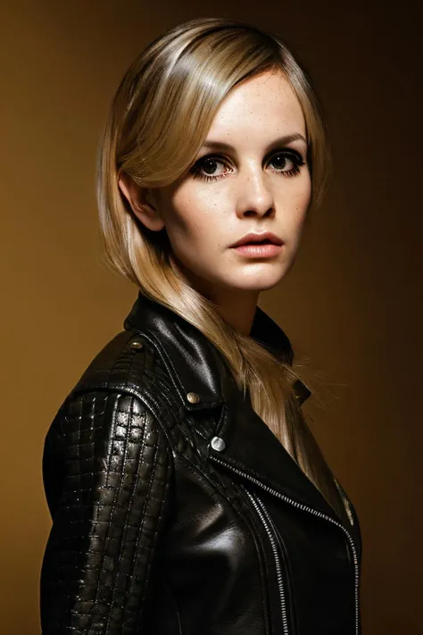 portrait photo of Twiggy01,(black leather jacket), (dirty blonde hair), alluring portrait, intricate, highly detailed, digital painting, artstation, concept art, naughty, sharp focus, cinematic lighting, illustration, art by artgerm and greg rutkowski, alphonse mucha, cgsociety, <lora:Twiggy01-000010:1>