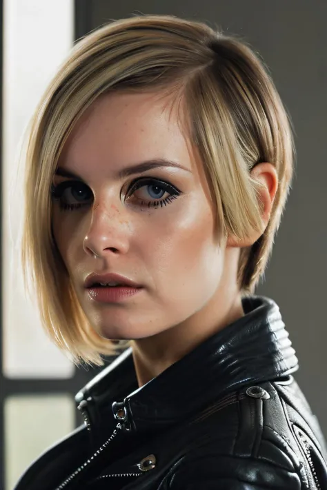 portrait photo of Twiggy01,(black leather jacket), (dirty blonde hair), alluring portrait, intricate, highly detailed, digital painting, artstation, concept art, naughty, sharp focus, cinematic lighting, illustration, art by artgerm and greg rutkowski, alphonse mucha, cgsociety, <lora:Twiggy01-000010:1>