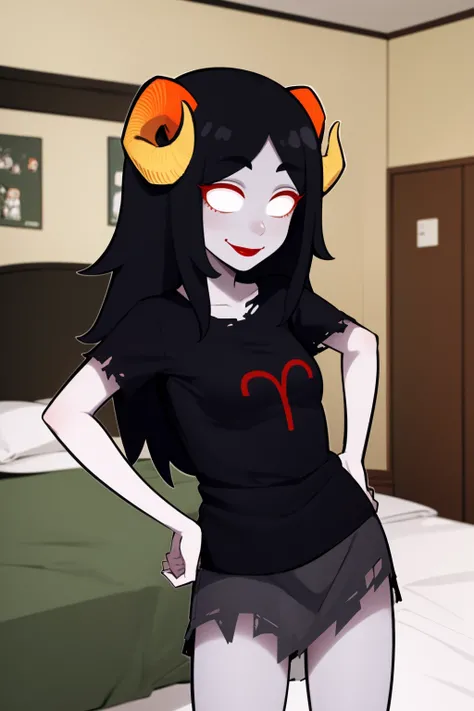 Demoness girl, dark body color, black hair, long hair, red eyes, glowing eyes, small horns, ideal figure, chest 90, waist 60, hips 60, demonic tail, ((looking down at the viewer)), perspective, bottom view up, dark jacket, skirt, lifts the skirt with his hands, panties are visible, panties fit the vagina, detailed vagina under the panties, sinister smile, plain background, background of one color, white outline around the character