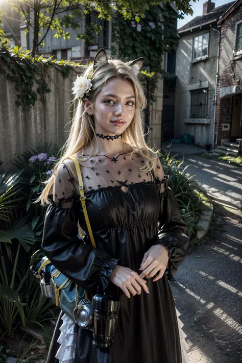 young girl, Hannah Kensington, gothic dress, blonde, large nose, flushed cheeks, open short blouse, summer gothic clothes, in the bus, relaxed, smirk, photographic style, close, looking at me