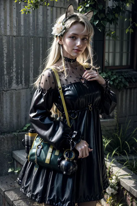 (realistic:1.3), finely detailed, quality, rembrandt lighting, (masterpiece:1.2), (photorealistic:1.2), (best quality), (detailed skin:1.3), (intricate details), dramatic, ray tracing, 1girl, 21 years old, detailed skin texture, (blush:0.5), (goosebumps:0.5), subsurface scattering, smiling, medium breasts, tranquil moss-hairstyle, long hair, bangs, hair between eyes, horse ears, animal ear fluff, hair flower, hair ornament, outfit-moss dress, white pantyhose, cowboy shot, (bright sunny day, outdoors, grassy lawn, flowers, sky), <lora:OUTFIT-heavyrain_tranquil_mossV2-000012:1>