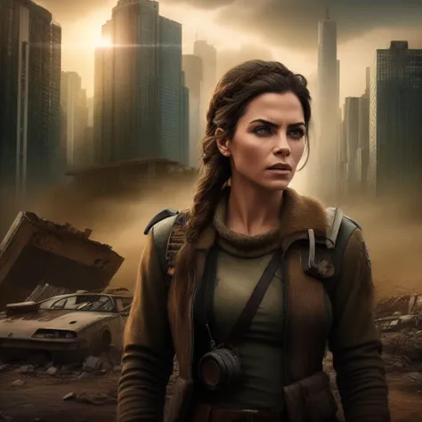 mature woman, in front of post-apocalyptic ruins, ((portrait, close up, upper body)), ((scavenger)), post-apocalypse, long hair, braid, disdain, angry, pagan motives, detailed, realistic, destroyed city in background, god rays, reflection, raw, dramatic lighting, jennadewan, <lyco:JennaDewan:1.0>