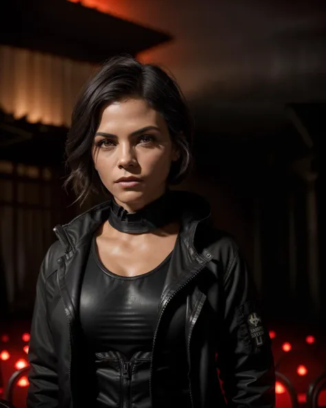 jennadewan, 1girl, dim, dark, night, dark background, (inside abandoned church, horror atmosphere, noir style, dramatic lightning), long hair, techwear jacket, worker suit, dusty clothes,choker, red and black, high quality, best quality, masterpiece, cinematic lighting,<lyco:JennaDewan:1.0>