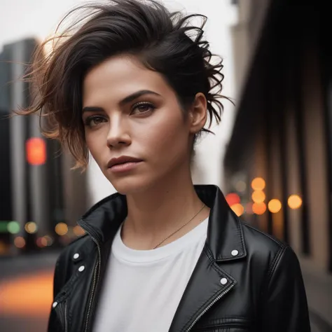 a close up photo of 1girl, short white pants, shirt, black jacket, fire, smoke, fog, windy, night street, buildings, (city), light effects, high quality, highres, 4k, photorealistic, hyper realistic, masterpiece, swirling black light around the character, depth of field, ash particles, jennadewan, <lyco:JennaDewan:1.0>