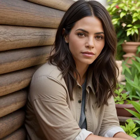 (Portrait, close up), woman,long hair,dark theme,soothing tones,muted colors,(garden:1.1),casual clothes,, ,jennadewan,<lyco:JennaDewan:1.0>