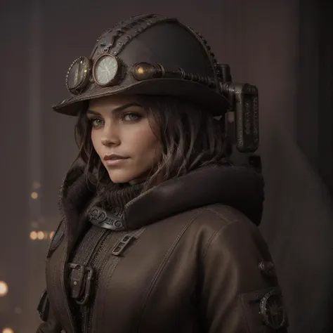 Portrait, (close up),((steampunk outfit, turtleneck sweater, steampunk jacket, steampunk pants, boots )), dark futuristic city at night, ((dark night, midnight, full moon, starry sky)), midnight aura, night sky, jennadewan, <lyco:JennaDewan:1.0>