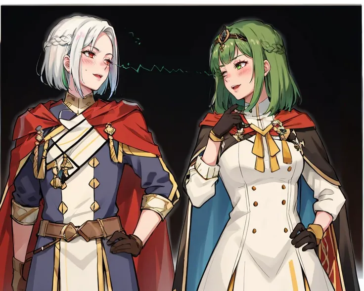 masterpiece, best quality, highres, ultra-detailed ,<lora:LightningGlarev1-000120:1>, LtnGlr, 1girl, 1boy, red hair, multiple girls, official alternate costume, official alternate hairstyle, edelgard von hresvelg, white hair, short hair, simple background, red eyes, long hair, cape, armor, long sleeves, closed eyes, smile, gloves, closed mouth, open mouth, black hair, blush, green eyes, green hair, ribbon