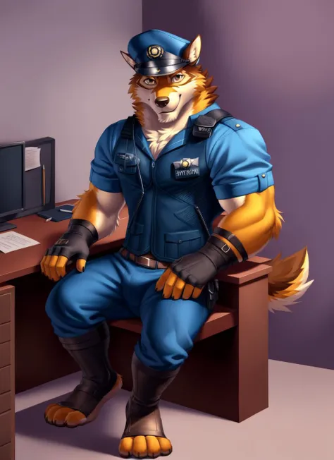 <lora:barrel-06:1>, barrel(live a hero), (soft shading), 4k, hi res, ((detailed face, detailed eyes, detailed)), (full body), by zackarry911, by zaush, (by personalami:0.5), mature male, bara, muscular male, muscular, (pose), street,solo, looking at viewer, smile, shirt, gloves, 1boy, hat, weapon, male focus, cowboy shot, black gloves, pants, fingerless gloves, uniform, feet out of frame, bulge, blue pants, police, police uniform, (police hat), (tail), wolf tail, police station, sitting, desk, office, behind desk,