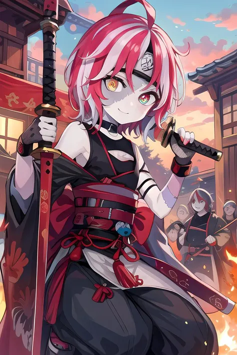 masterpiece, high quality cg, anime, illustration, best quality, 1girl, village, looking at viewer, smile, sword, katana, holding weapon, kureiji ollie, small breasts, colored skin, grey skin, patchwork skin, short hair, multicolored hair, red hair, zombie, ninja, forehead protector, x-shaped pupils, symbol-shaped pupils, ahoge, obi, sash, <lora:ollie_ninja_v1:1.0> <lyco:GoodHands-beta2:1.0>