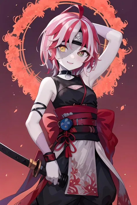 masterpiece, high quality cg, anime, illustration, best quality, 1girl, village, looking at viewer, smile, sword, katana, holding weapon, kureiji ollie, small breasts, colored skin, grey skin, patchwork skin, short hair, multicolored hair, red hair, zombie, ninja, forehead protector, x-shaped pupils, symbol-shaped pupils, ahoge, obi, sash, <lora:ollie_ninja_v1:1.0> <lyco:GoodHands-beta2:1.0>