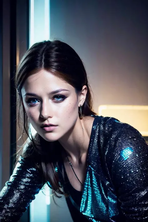 <lora:Melissa_Benoist:0.95> , sexual, wearing holographic cyberpunk clothing, surrounded by neon-lit cityscape reflections, vray render, ray tracing, subsurface scattering, by Josan Gonzalez and Liang Mark (upper body shot),(looking at viewer:1.3), (hyper realistic:1.3), (portrait:1.2), highly detailed eyes,(highly detailed skin:1.3),(freckles:0.6),pores, (4k),back lit, rim light