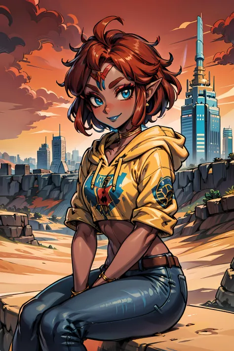 <lora:riju_zelda:0.8>, riju_zelda, (blue lips, eyeshadow, ), short hair, (((desert background))), ((red hair)), (dark skin), smile, happy, blue and gold hoodie, jeans,, sitting, ((city skyline background)),