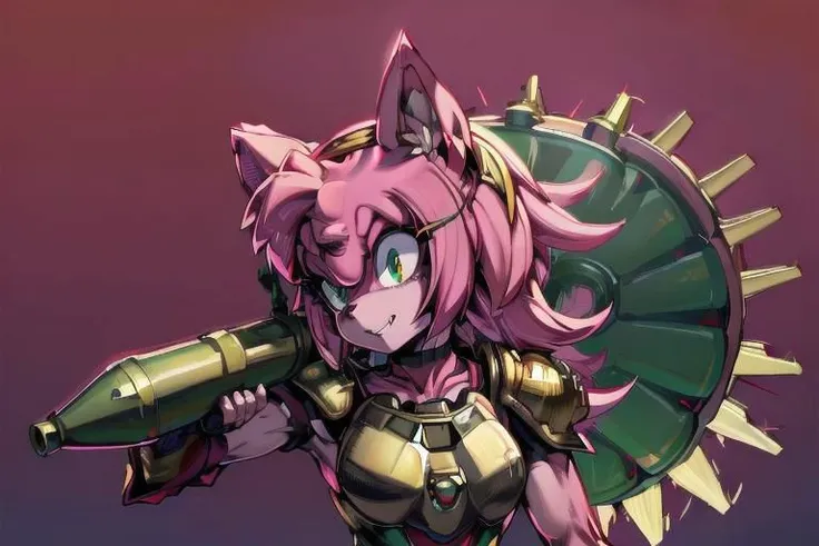 amy rose, furry, solo, 1girl, (evil smile), (evil eyes), green eyes, ((red and gold power armor)), (armor), choker, pink skin, pink hair, long hair, snout, animal nose, animal ears, ((holding rpgrenade7 on shoulder)), upper body, blood background, detailed background