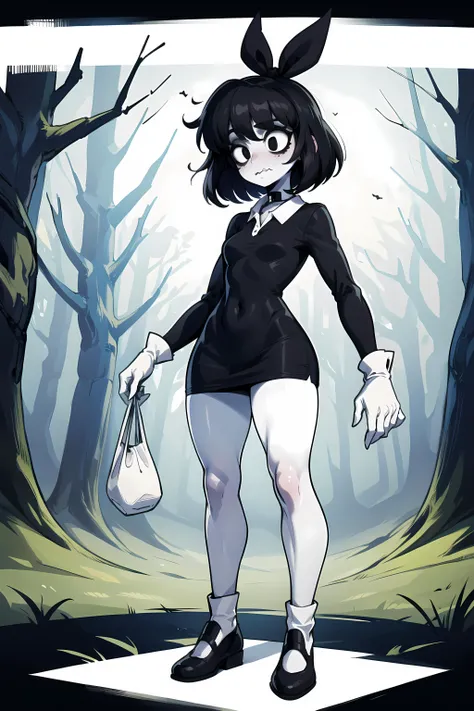 ((masterpiece,best quality)), absurdres, (((sfw))), <lora:Susie-10v3:0.7>, SuDr, Susie, short black hair, bags under eyes, wavy mouth, black eyeliner, black eyes, tight long black dress with white collar, long sleeves, white gloves, black hair ribbon, black shoes, (((white skin))), tired, night forest background, standing, closeup,