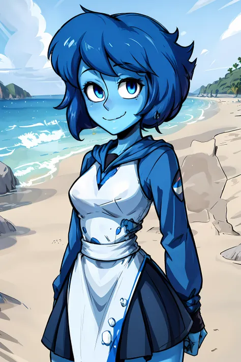(((sfw))), <lora:LapisLazuli:1> lapislazuli, gem, female, (((blue skin))), blue hair, blue eyes, short hair, blue dress, beach background, small shy smile,