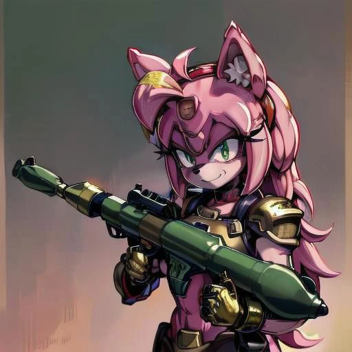 amy rose, furry, solo, 1girl, (evil smile), (evil eyes), green eyes, ((red and gold power armor)), (armor), choker, pink skin, pink hair, long hair, snout, animal nose, animal ears, (holding rpgrenade7 on shoulder), upper body, blood background, detailed background