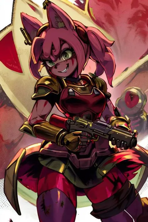 amy rose, furry, solo, 1girl, scary smile, blush, green eyes, glowing eyes, ((red and gold power armor)), armor, skirt, choker, pink skin, snout, animal nose, animal ears, gun, holding gun, standing, (((blood, covered in blood, excessive blood, blood spatter))), (white background)