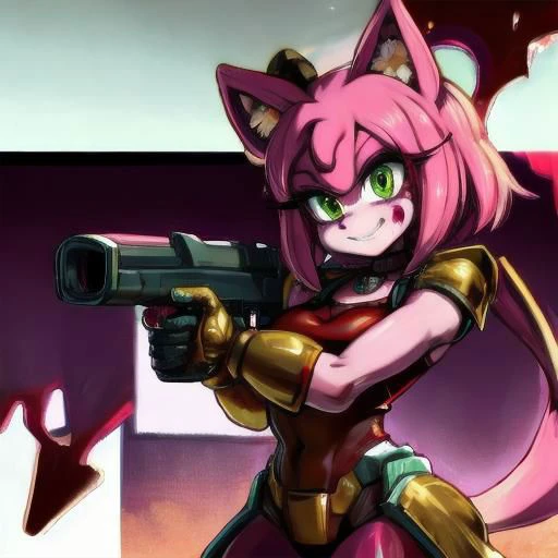 amy rose, furry, solo, 1girl, evil smile, slasher smile, blush, green eyes, evil eyes, glowing eyes, ((red and gold power armor)), armor, choker, pink skin, snout, animal nose, animal ears, gun, holding gun, firing gun, muzzle flash, standing, (((blood, covered in blood, excessive blood, blood spatter))), (white background)