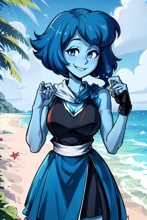(((sfw))), <lora:LapisLazuli:1> lapislazuli, gem, female, (((blue skin))), blue hair, blue eyes, short hair, blue dress, beach background, smile,