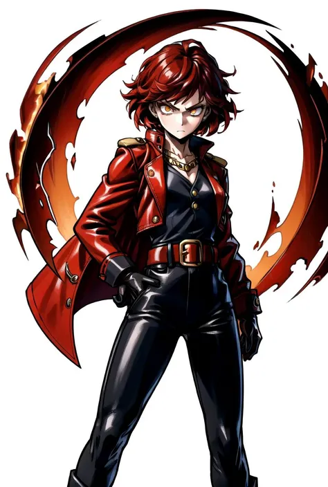 (masterpiece, best quality), cinematic lighting, volumetric lighting, intricate details, 1girl, (simple background, white background:1.2) <lora:horikoshi_kouhei-000030:0.5>, red and black leather tailcoat, black gloves, black leather pants, red hair, medium hair:1.1, orange eyes, serious, leather belt, red clothes, black vest, gold details on outfit,