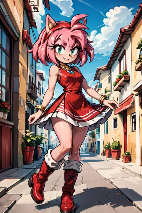 <lora:AmyRose_v2_Retrain:1> amy rose, pink skin, dress, short dress, hairband, gold bracelet, boots, Mediterranean town, smile,