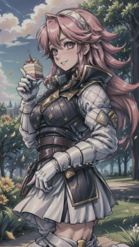 (Soleil, Fire Emblem), pink hair, pink eyes, BREAK,
hairband, armor, white shirt, long sleeves, black vest, belt, white miniskirt, white gloves, black pantyhose, thigh boots, party hat, BREAK,
(((happy birthday))), (((birthday cake))), happy smile, BREAK, outdoors, garden, daytime, balloon, confetti, celebration, <lora:add_detail:0.5> <lora:soleil-nvwls-v2:1>, masterpiece, best quality, hyperrealistic, extremely detailed, highly quality, 4k, sharp focus, professional photograph, sharp focus, award winning, cinematic lighting, octane render, unreal engine, volumetrics dtx, Wallpaper,