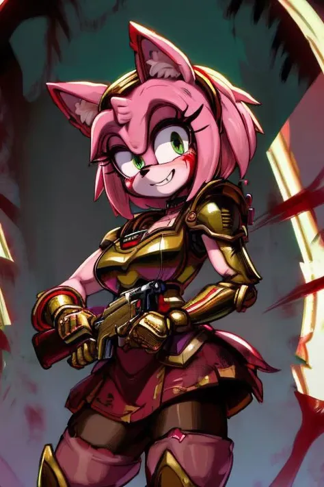 amy rose, furry, solo, 1girl, scary smile, blush, green eyes, glowing eyes, ((red and gold power armor)), armor, skirt, choker, pink skin, snout, animal nose, animal ears, gun, holding gun, standing, (((blood, covered in blood, excessive blood, blood spatter))), (white background)