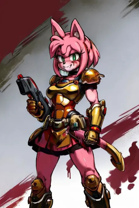 amy rose, furry, solo, 1girl, scary smile, blush, green eyes, glowing eyes, ((red and gold power armor)), armor, skirt, choker, pink skin, snout, animal nose, animal ears, gun, holding gun, standing, (((blood, covered in blood))), (white background)