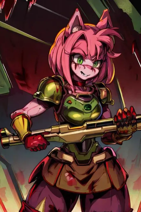 amy rose, furry, solo, 1girl, scary smile, blush, green eyes, glowing eyes, ((red and gold power armor)), armor, skirt, choker, pink skin, snout, animal nose, animal ears, gun, holding gun, standing, (((blood, covered in blood, excessive blood, blood spatter))), (white background)