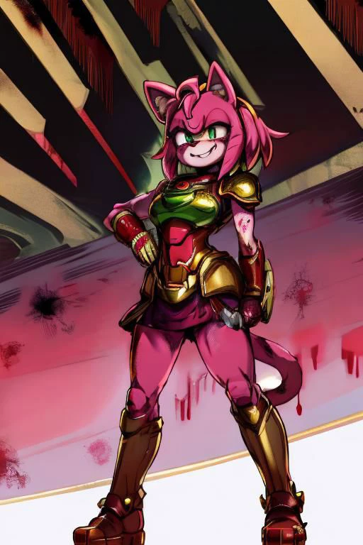 amy rose, furry, solo, 1girl, scary smile, blush, green eyes, glowing eyes, ((red and gold power armor)), armor, skirt, choker, pink skin, snout, animal nose, animal ears, gun, holding gun, standing, (((blood, covered in blood, excessive blood, blood spatter))), (white background)