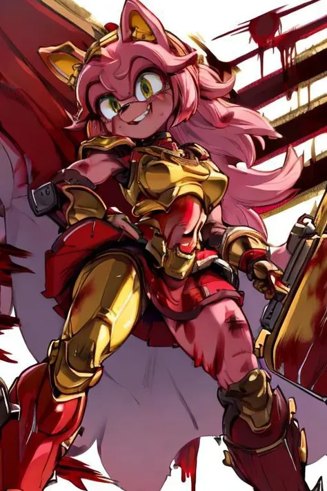 amy rose, furry, solo, 1girl, scary smile, blush, green eyes, glowing eyes, ((red and gold power armor)), armor, skirt, choker, pink skin, snout, animal nose, animal ears, gun, holding gun, standing, (((blood, covered in blood, excessive blood))), (white background)