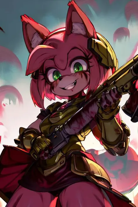 amy rose, furry, solo, 1girl, scary smile, blush, green eyes, glowing eyes, ((red and gold power armor)), armor, skirt, choker, pink skin, snout, animal nose, animal ears, gun, holding gun, standing, (((blood, covered in blood, excessive blood, blood spatter))), (white background)