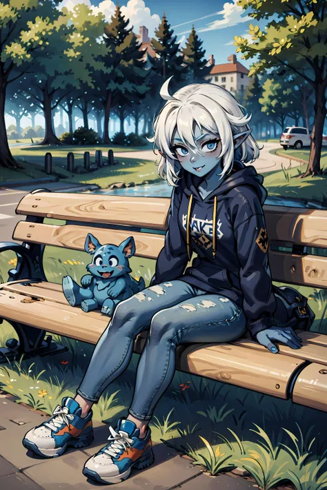 ((blue skin)), masterpiece, high detail <lora:wakfu-osa:0.9>,. pointy ears, white hair, black hoodie, blue jeans, skate shoes, sitting, park bench city,