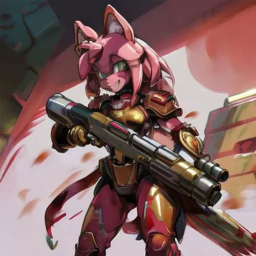 amy rose, furry, solo, 1girl, scary smile, blush, green eyes, glowing eyes, ((red and gold power armor)), armor, choker, pink skin, snout, animal nose, animal ears, rocket launcher, holding rocket launcher, aiming rocket launcher, standing, (((blood, covered in blood, excessive blood))), (white background)