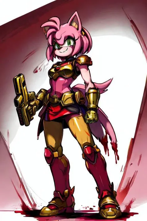 amy rose, furry, solo, 1girl, scary smile, blush, green eyes, glowing eyes, ((red and gold power armor)), armor, skirt, choker, pink skin, snout, animal nose, animal ears, gun, holding gun, standing, (((blood, covered in blood))), (white background)