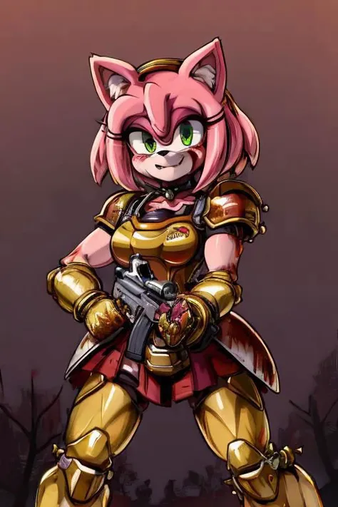 amy rose, furry, solo, 1girl, scary smile, blush, green eyes, glowing eyes, ((red and gold power armor)), armor, skirt, choker, pink skin, snout, animal nose, animal ears, gun, holding gun, standing, (((blood, covered in blood))), (white background)