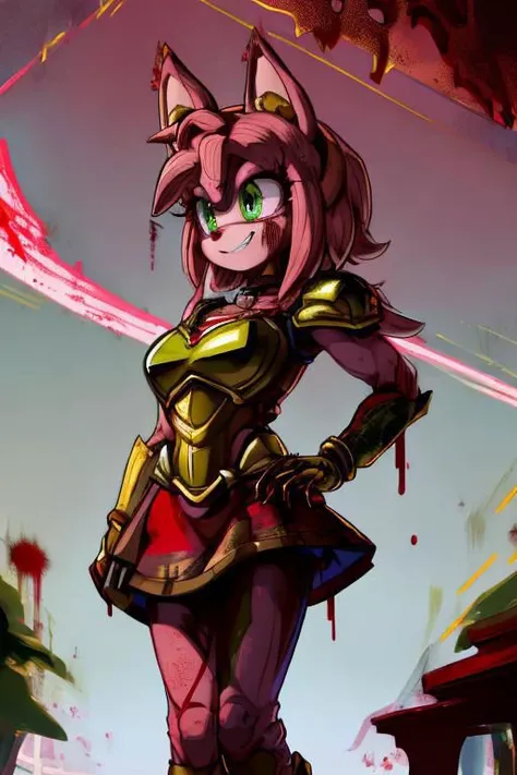 amy rose, furry, solo, 1girl, scary smile, blush, green eyes, glowing eyes, ((red and gold power armor)), armor, skirt, choker, pink skin, snout, animal nose, animal ears, gun, holding gun, standing, (((blood, covered in blood, excessive blood, blood spatter))), (white background)